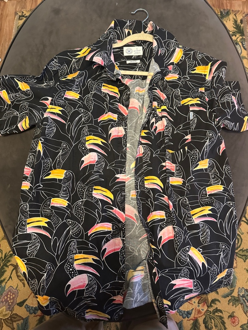 Hurley Black Short-Sleeve Toucan Print Dress Shirt with Pink and Yellow Accents